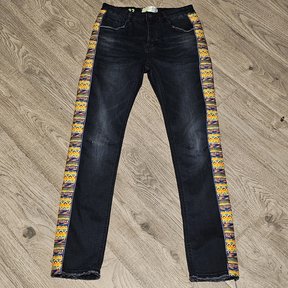 Valabasas Aztec African Striped Stretch Skinny Jeans - Dark Wash - Size 32x32 -